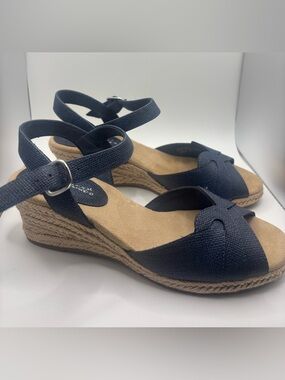 easy street Navy Espadrille Wedge Sandals with Ankle Strap